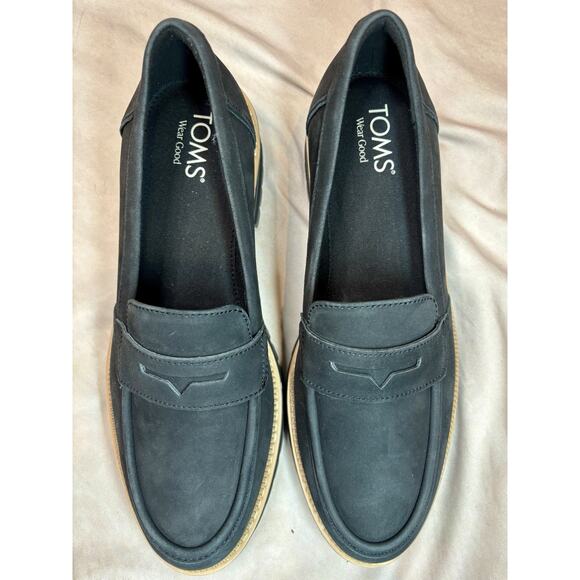 TOMS Cara Black Leather Platform Loafers Women’s 9 Lug Sole Modern Preppy - Picture 6 of 9
